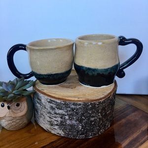 Forest Green and Cream Glaze Pottery Mugs set of 2